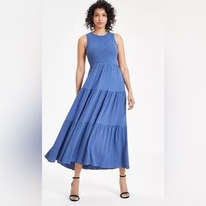 Anne Klein Womens  Smocked Maxi Dress, Blue NWT